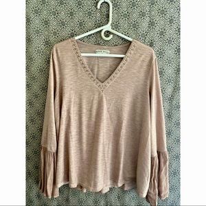 KNOX ROSE Women’s Embellished Beaded Neckline Blush Punk Long Sleeve Blouse Top